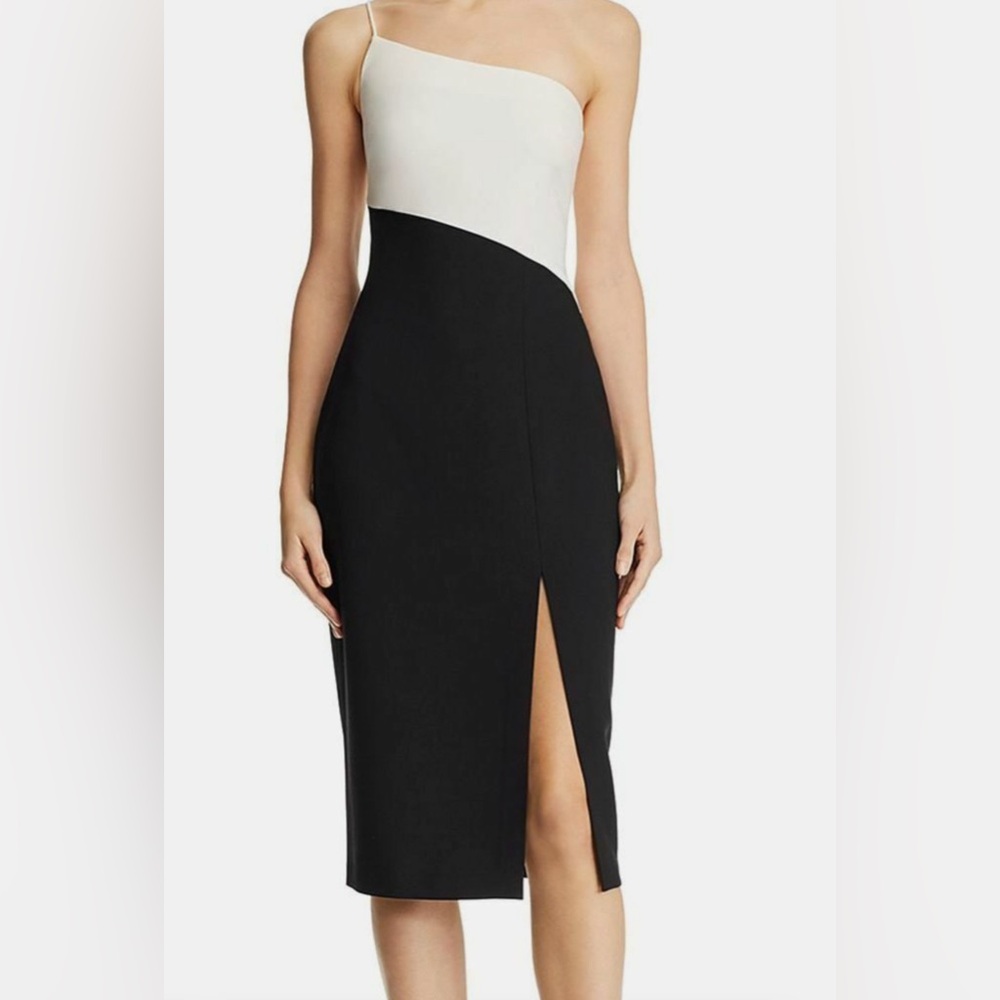 NWT Likely Black Cassidy Two-Tone One-Shoulder Midi Sheath Dress